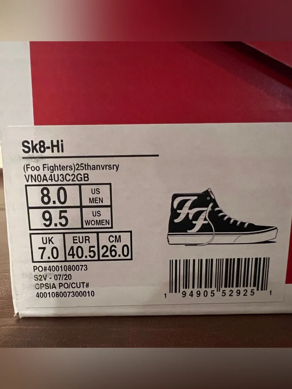NIB Vans Sk8-Hi x Foo Fighters High Top Canvas Sneakers Black/White/Red US 8